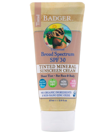 Badger Tinted Sunscreen Unscented SPF 30, $15.99 