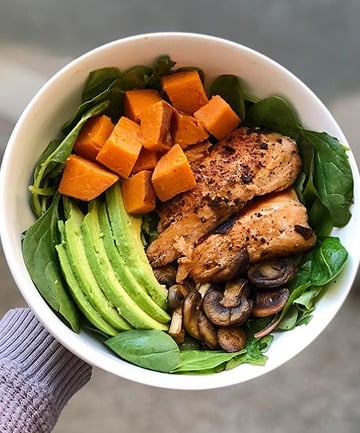 Salmon, Avocado, Mushrooms and Sweet Potatoes Lunch Bowl