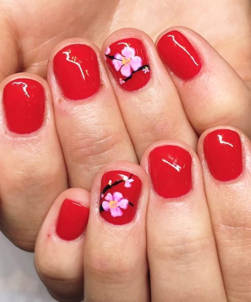 Fiery Cherry Blossom Nails