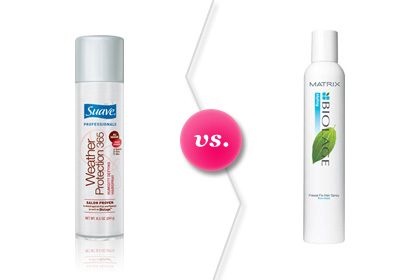 Suave Professionals Weather Protection 365 Humidity-Defying Hairspray, $3.99 vs. Biolage Freeze Fix Hairspray, $12.75